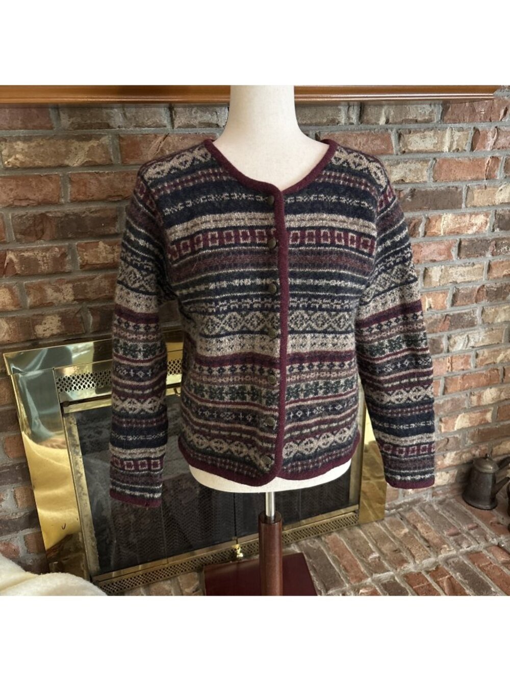 Vintage SKYR Burgundy Fair Isle Cardigan Size Medium 100% Wool